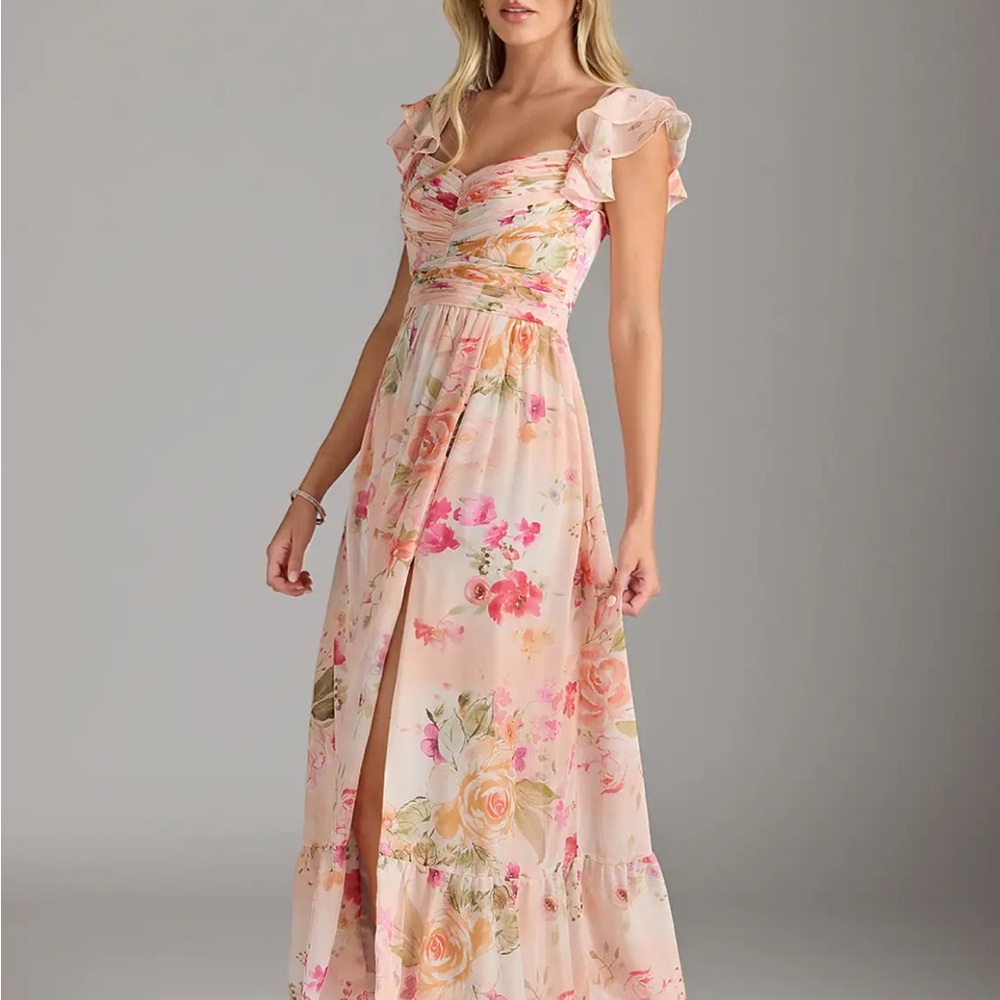Floral Ruffle-Sleeve Maxi Dress - Blush Pink